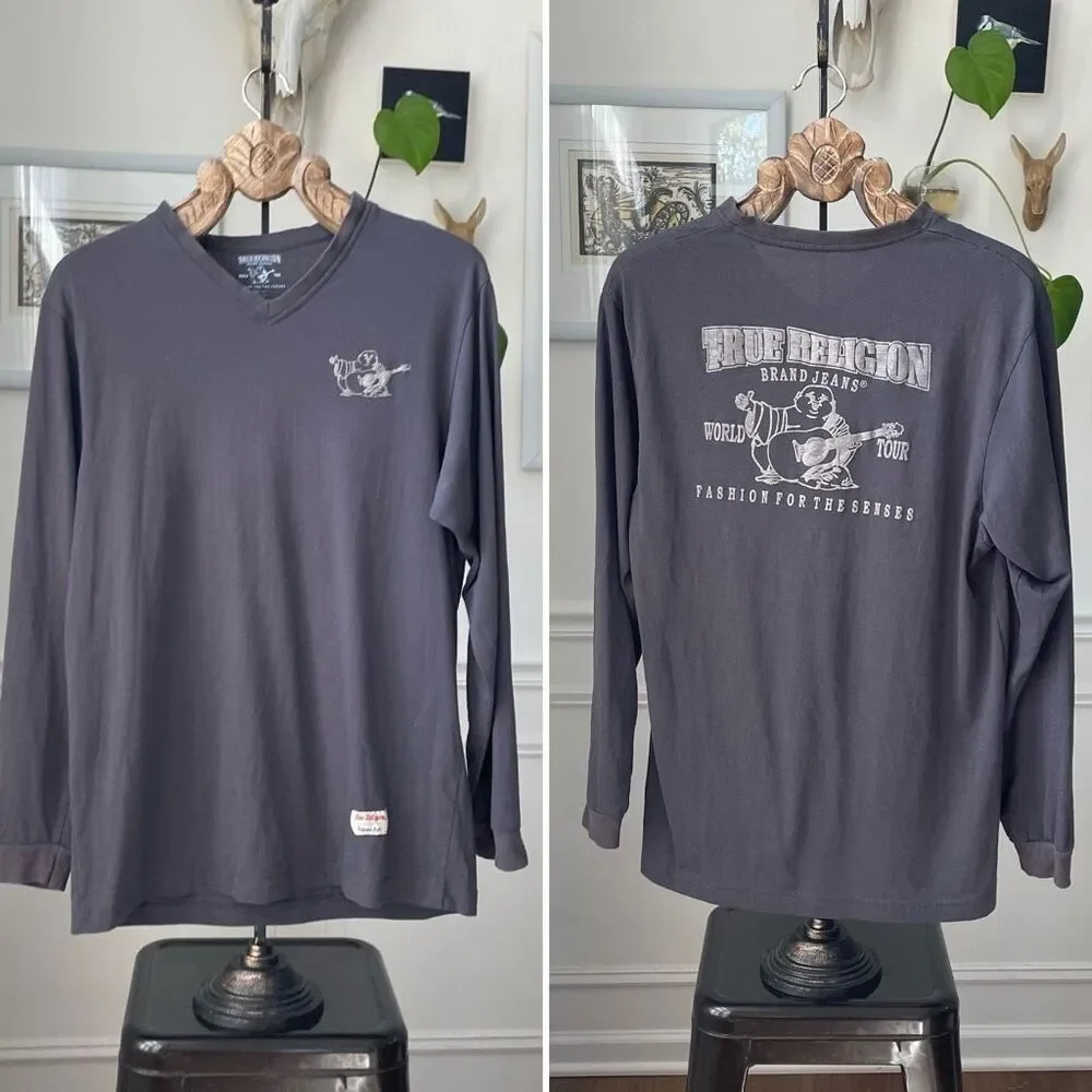 True Religion Grey Slim Fit Buddy Logo Vneck Long Sleeve Tshirt 2XL